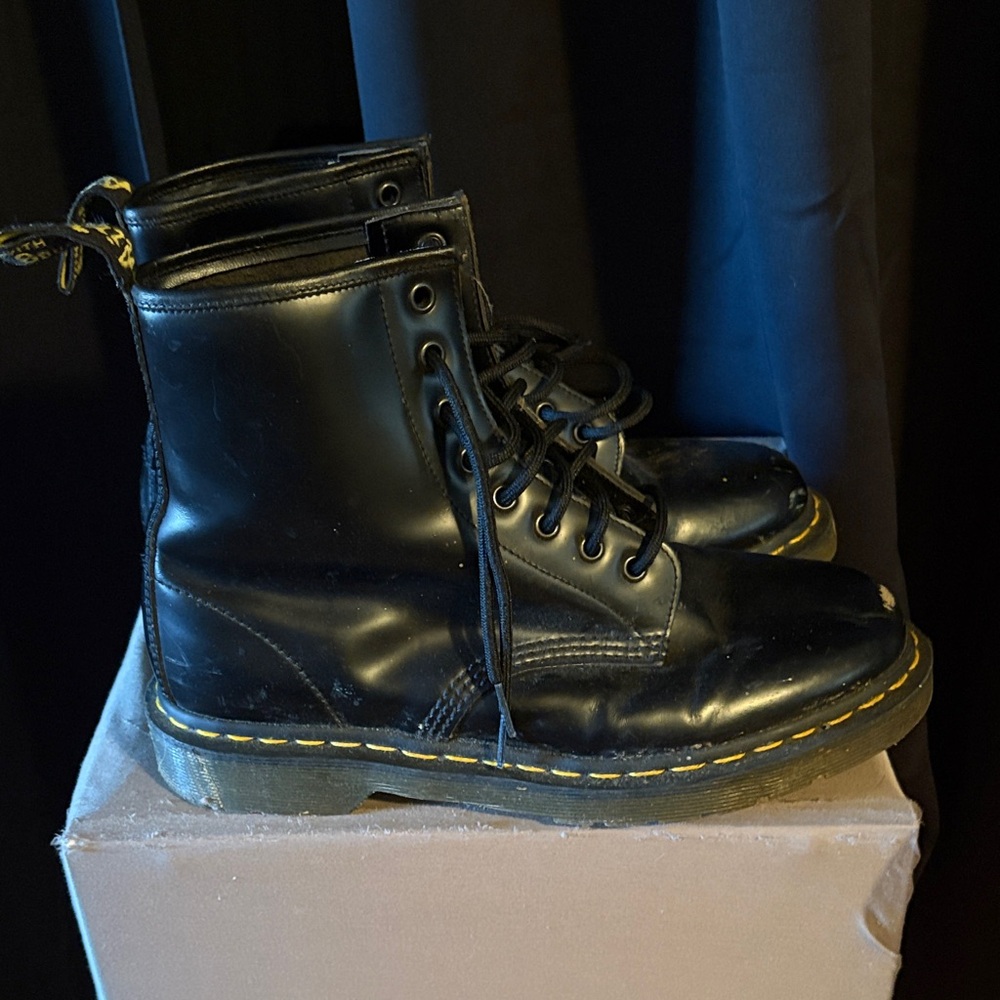 Dr. Martens Black Leather 8-Eye Lace-Up Boots with Yellow Stitching - Picture 1 of 9